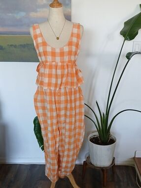 Anthropologie Orange and Cream Gingham 2pc Loungewear Set Sz S